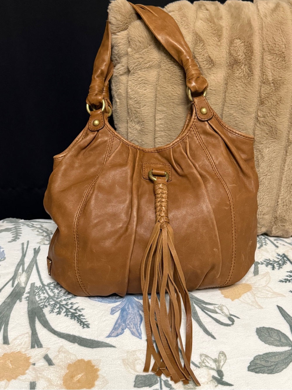UGG Australia Cognac Leather Fringe Tassel Hobo Bag